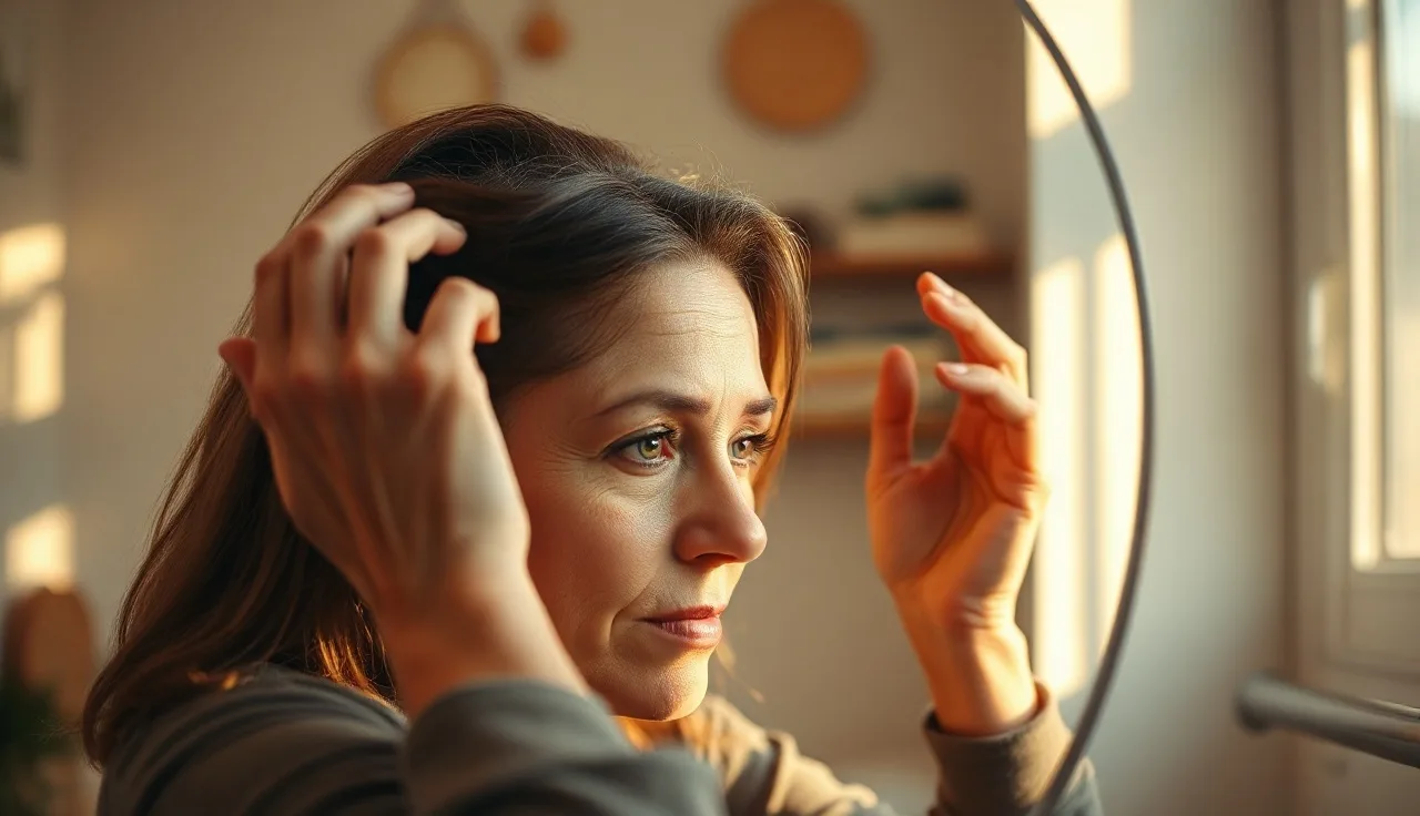 Woman examining her receding hairline in a bathroom mirror in morning light
