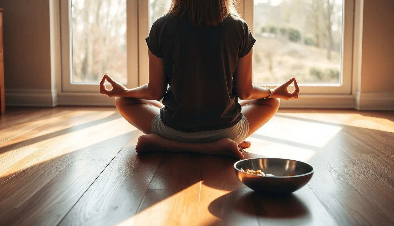 Person meditating near a sunny window with healthy food nearby, suggesting stress and hair loss recovery