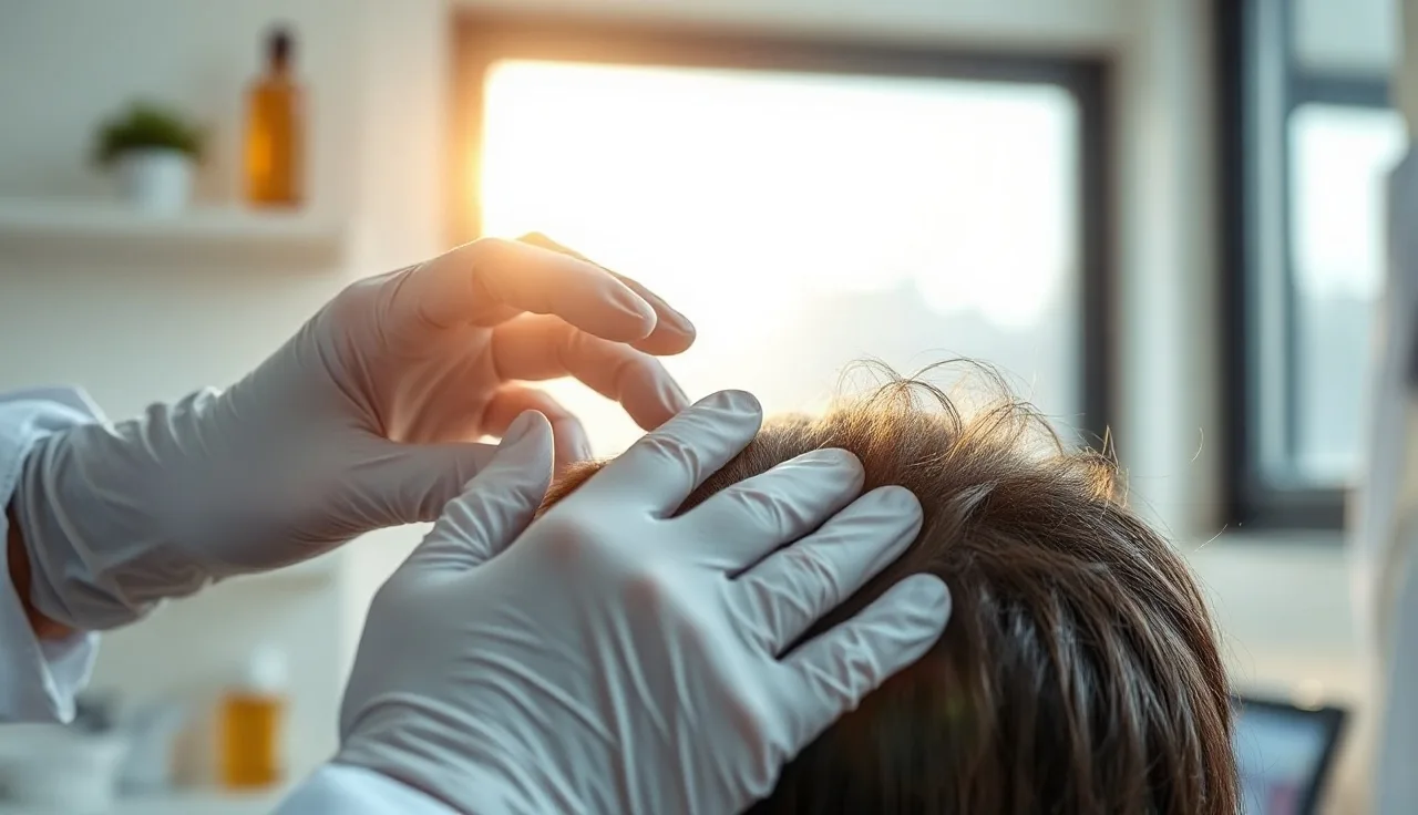 Dermatologist examining scalp hair regrowth during alopecia areata treatment review