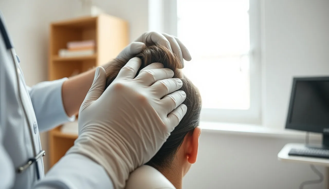 Dermatologist examining hair and scalp of alopecia areata patient in clinic