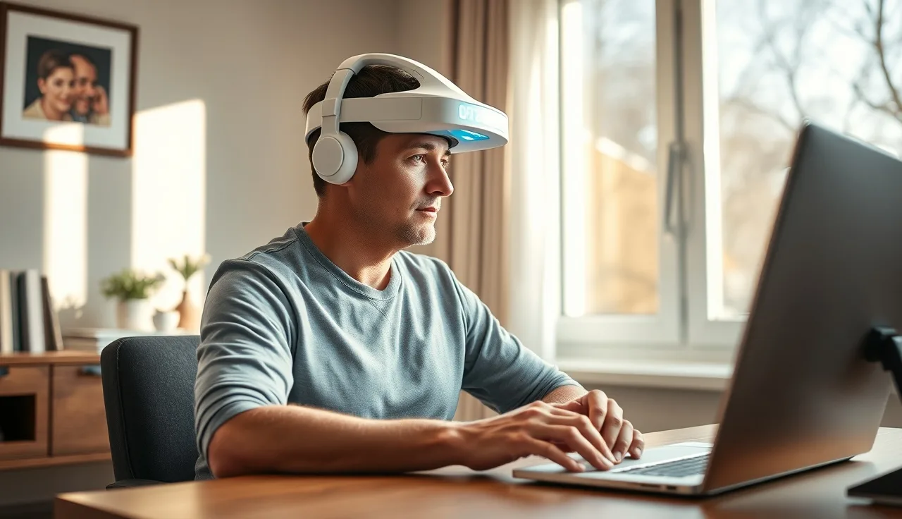 Man wearing a white low level laser therapy helmet for hair loss treatment at home