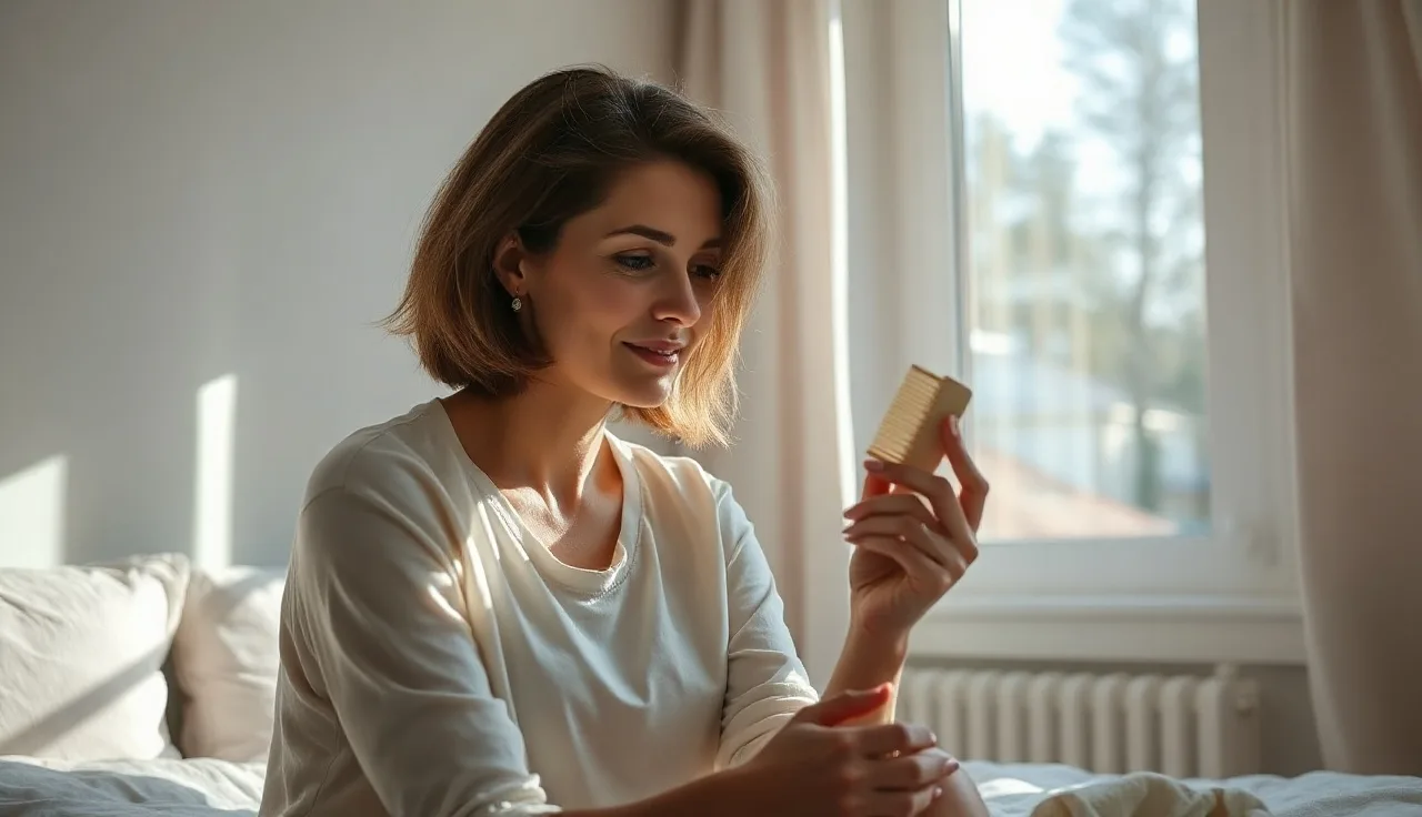 Woman examining a wide-tooth comb near a sunlit window, hair loss concern