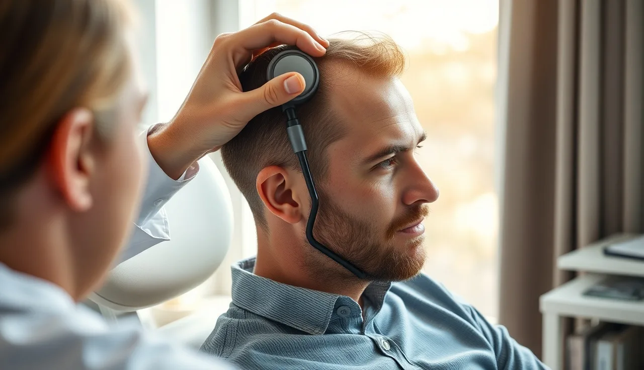 Physician examining a man's receding hairline with a dermoscope during a hair transplant consultation