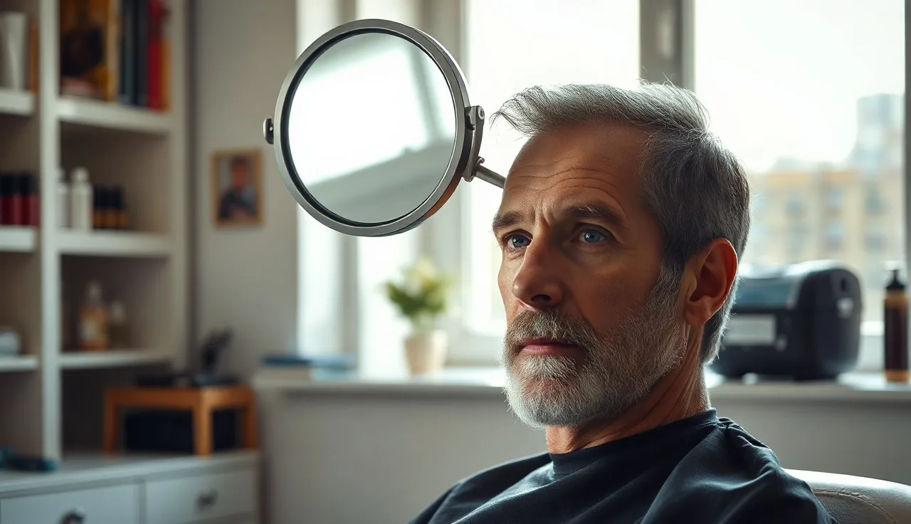 Man examining crown thinning with hand mirror in barber chair under natural light