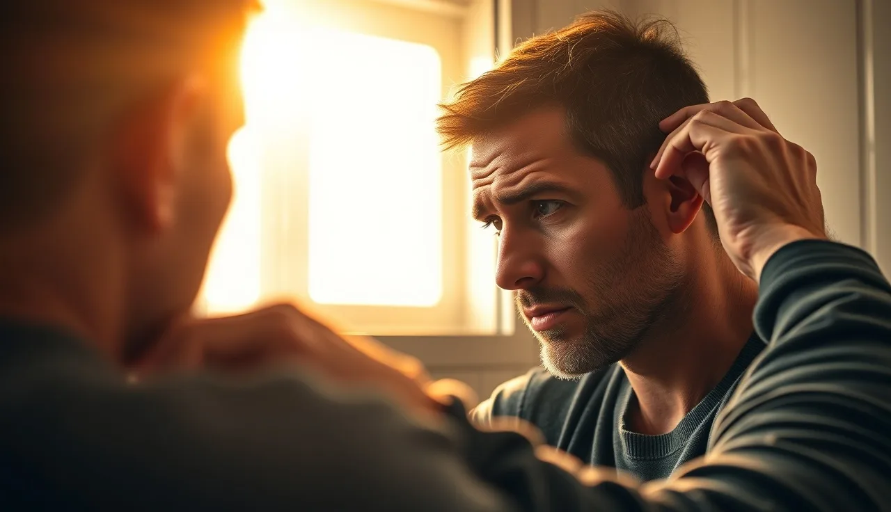 Man examining his receding hairline in a bathroom mirror, morning light