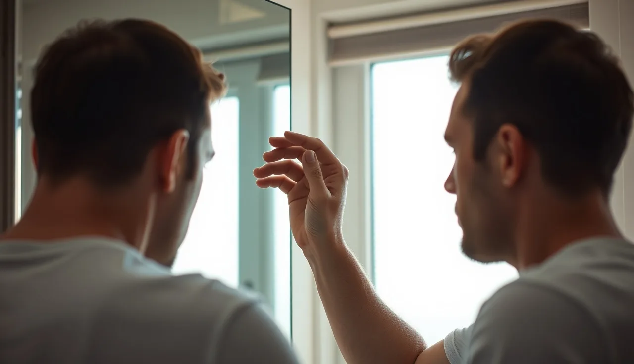 Man examining receding hairline in bathroom mirror in natural morning light