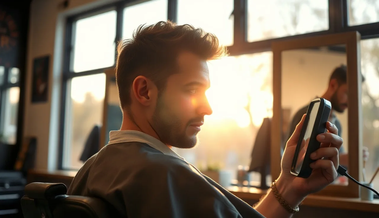 Man in barber chair examining his receding hairline in a mirror