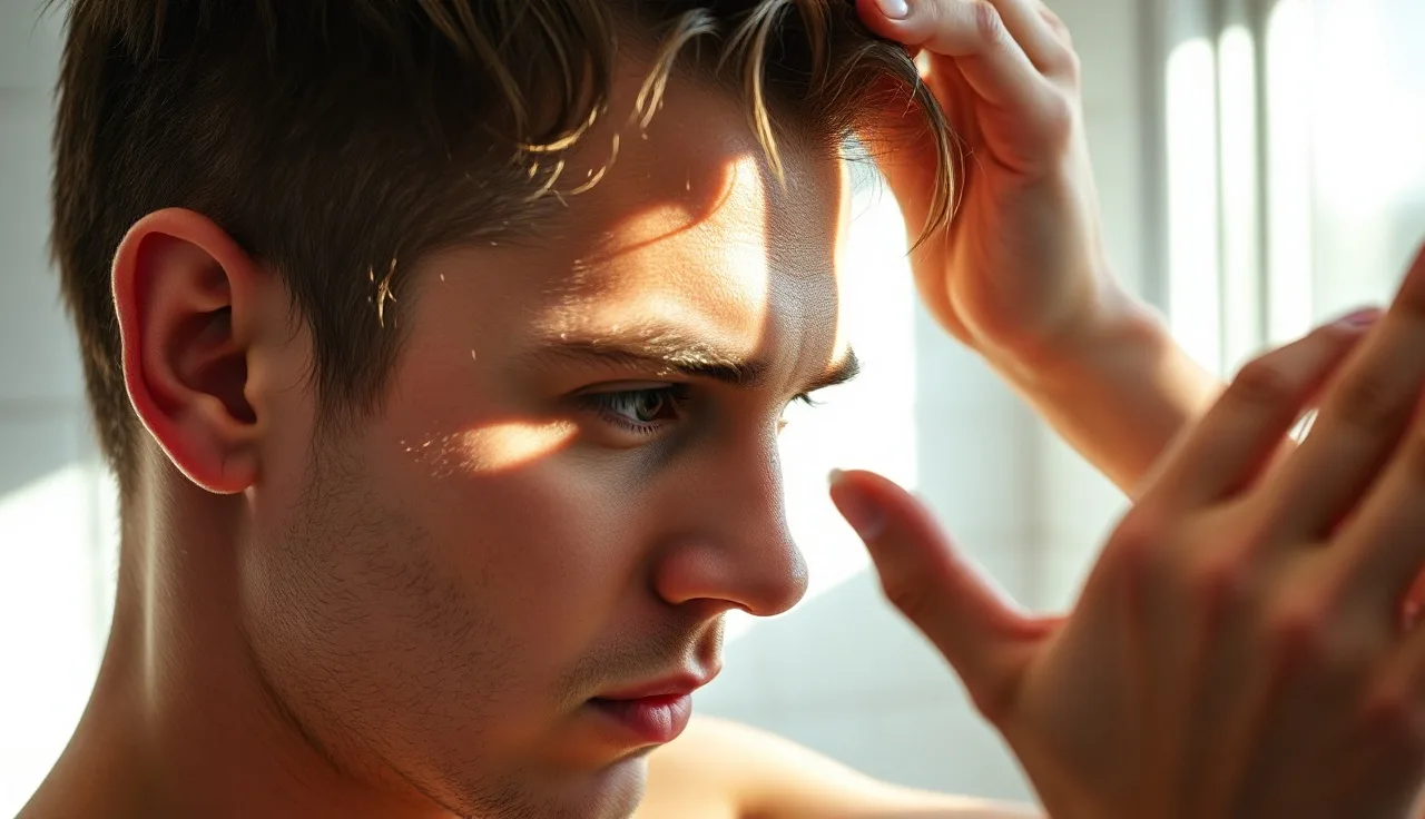 Young man examining hairline in bathroom mirror in natural light