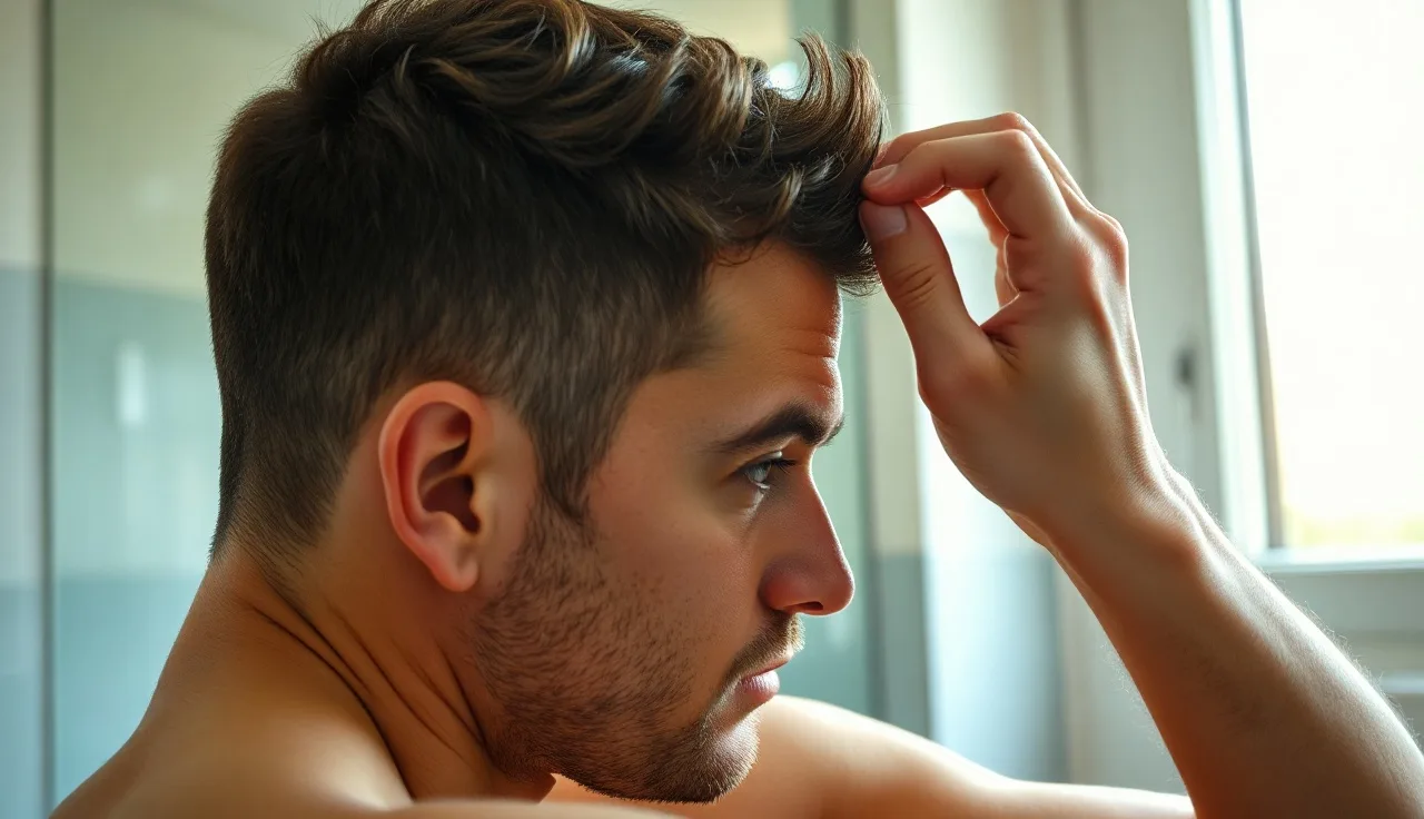 Young man examining his hairline in a bathroom mirror in natural morning light