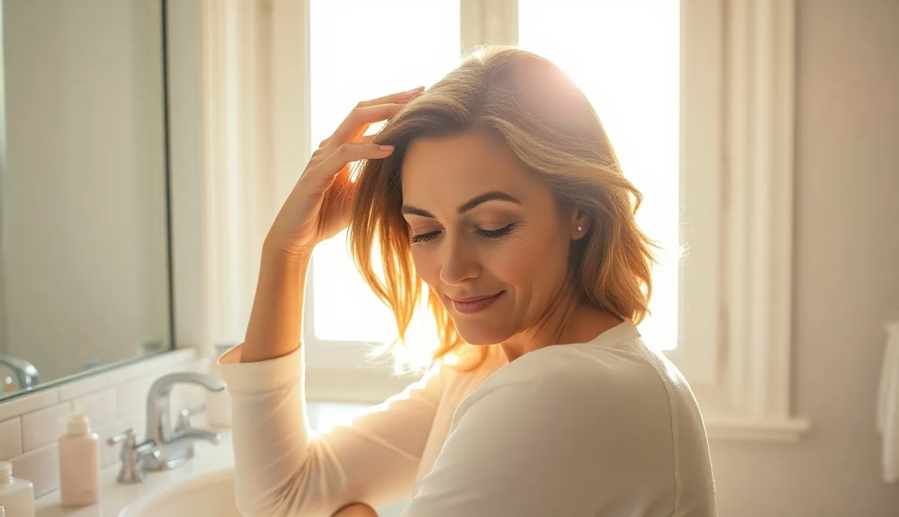 Woman examining hair thinning at part line in sunlit bathroom mirror