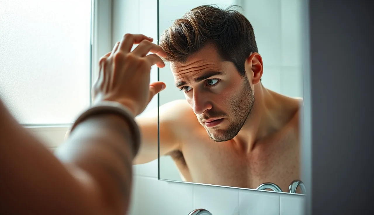 Man checking his hairline in a bathroom mirror under morning light