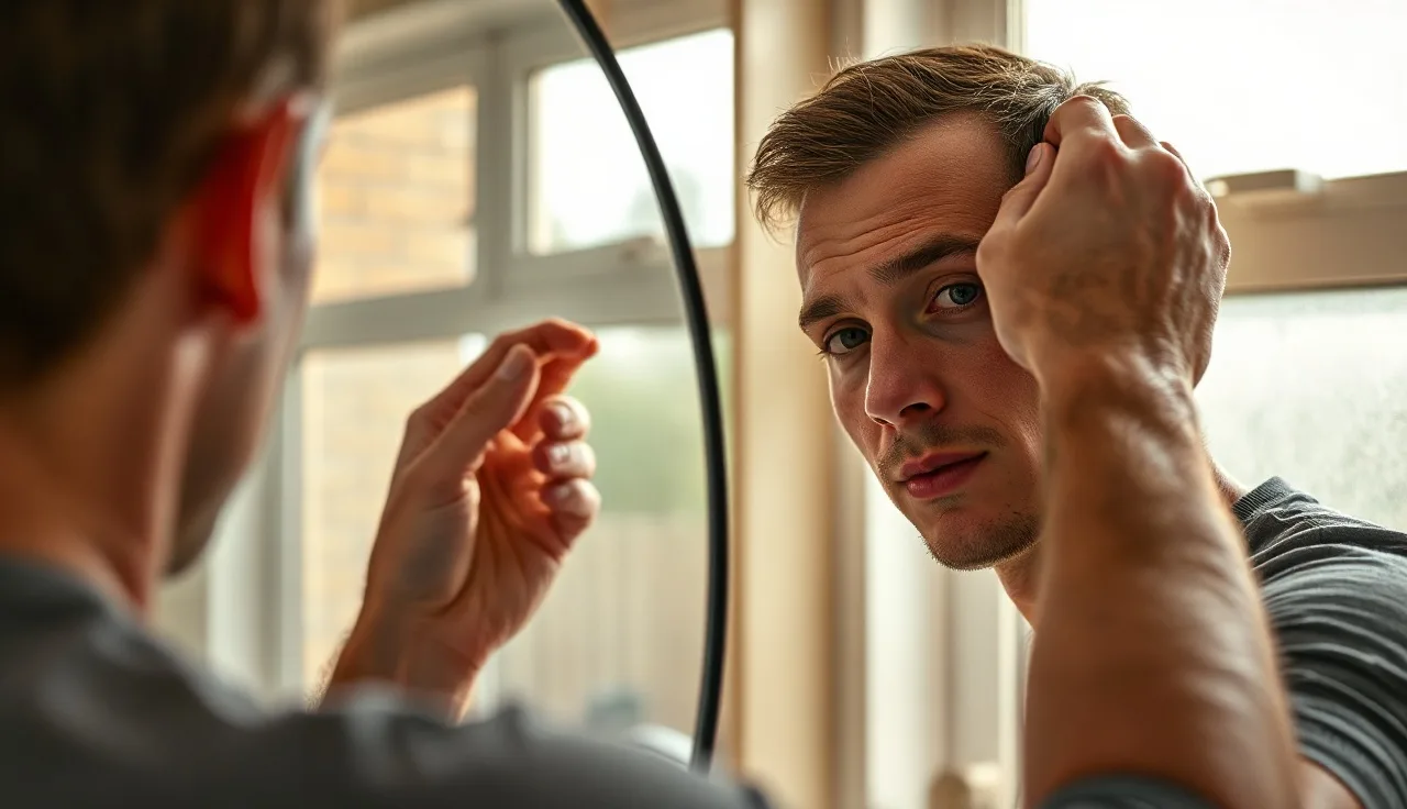 Man in his thirties examining a receding hairline in a bathroom mirror