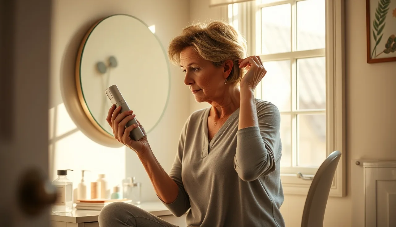 Woman in her 50s examining her scalp part line in bathroom mirror