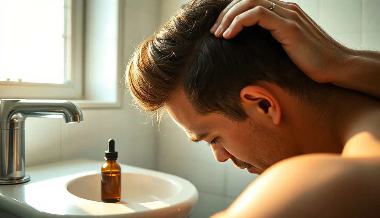 Man parting thinning crown hair while applying minoxidil 5% at bathroom sink