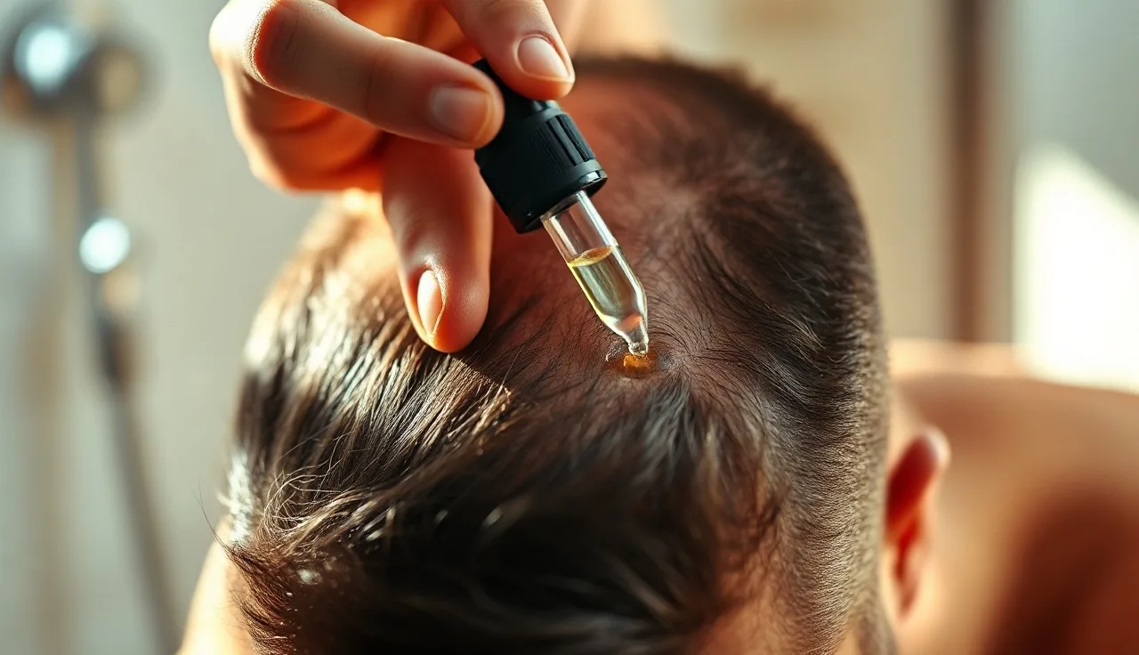 Man applying minoxidil 5 percent topical solution to thinning crown hair