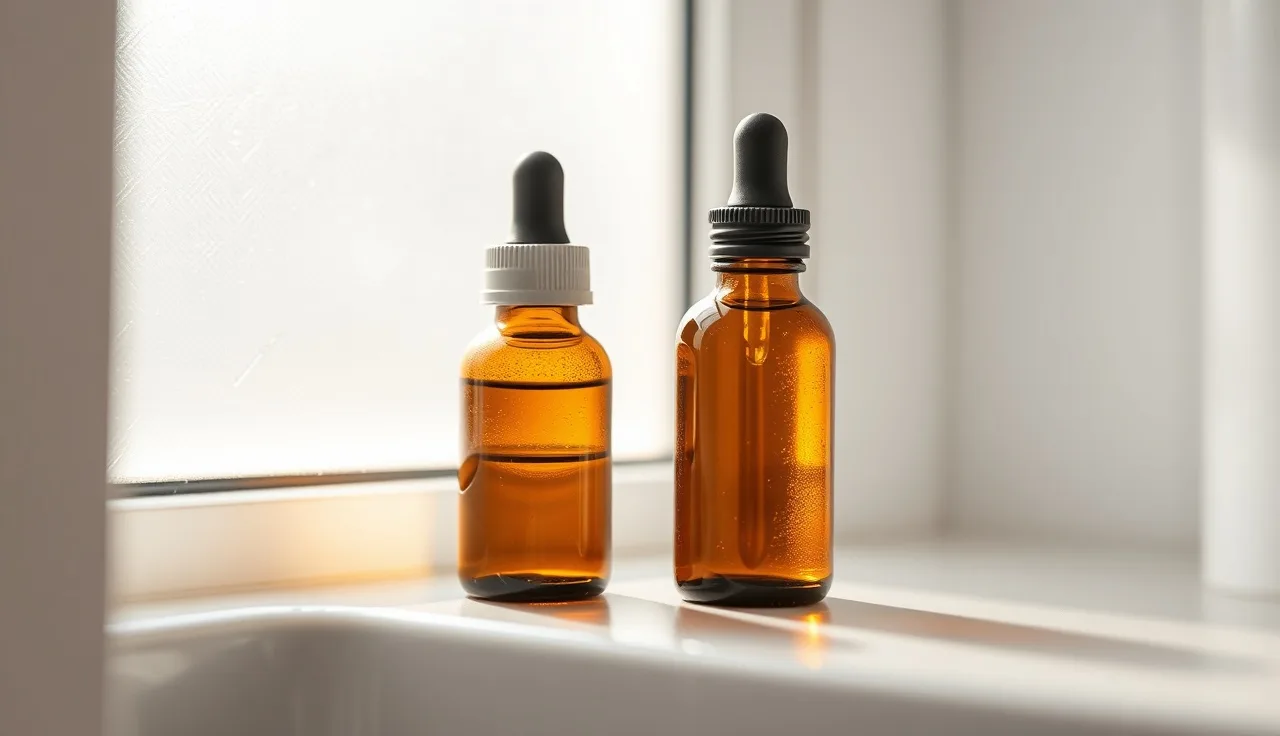 Two dropper bottles of topical minoxidil on a bathroom shelf in morning light