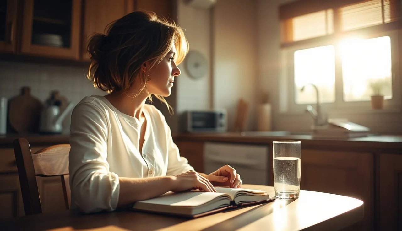 Woman thinking at a kitchen table while considering hair loss treatment safety during pregnancy