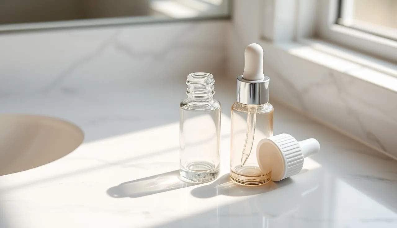 Two minoxidil bottles on a bathroom counter, one foam applicator nearby, morning light