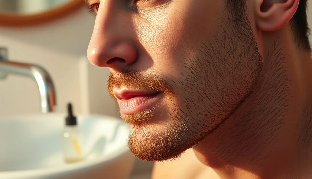 Man with patchy beard near minoxidil dropper bottle on bathroom sink