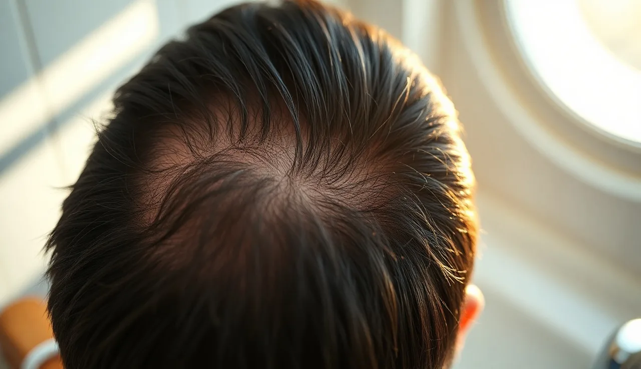 Man's scalp and hair seen under natural window light with a comb on a bathroom counter