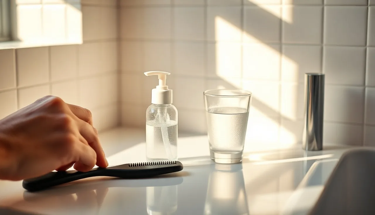 Man's hand reaching for a foam minoxidil bottle on a bathroom counter