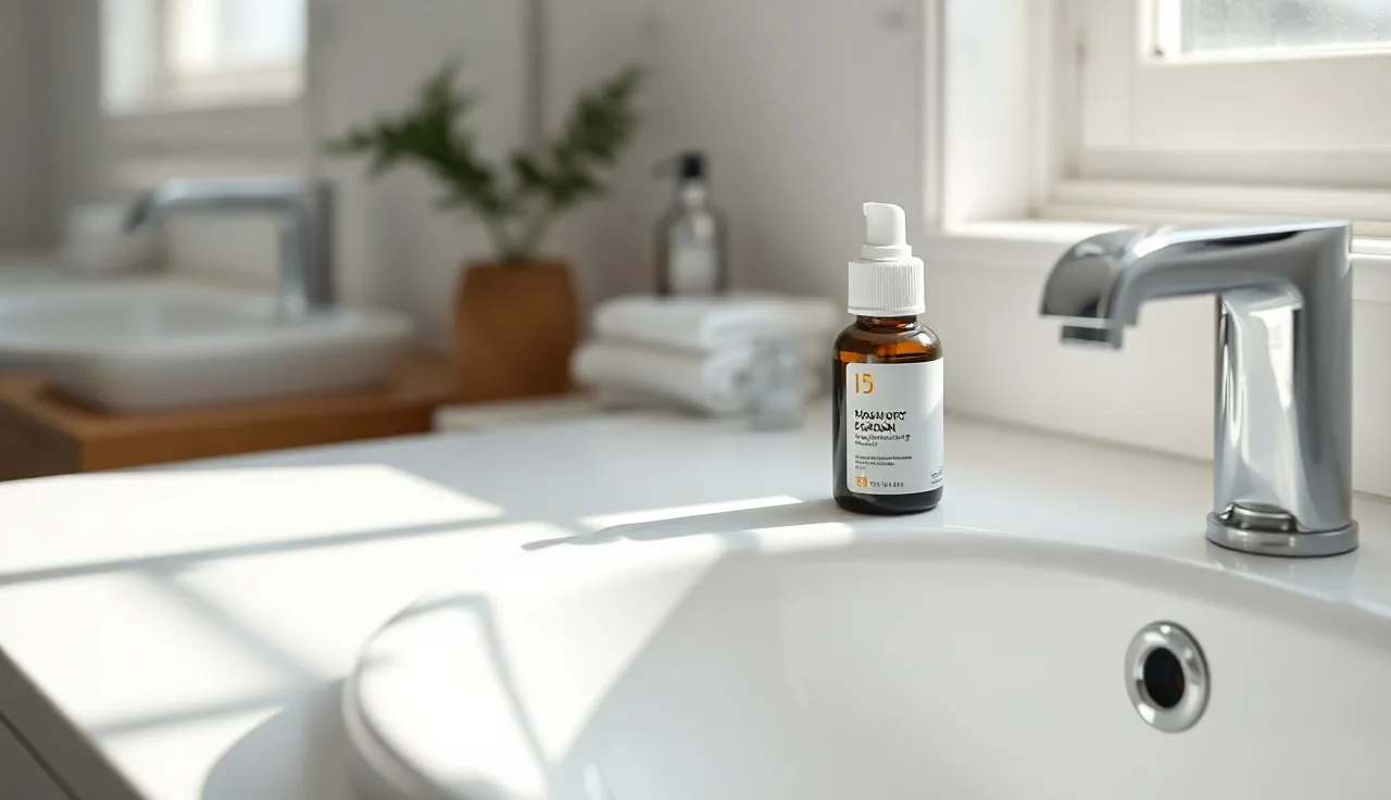 Dropper bottle and foam canister on bathroom counter for minoxidil dosage reference