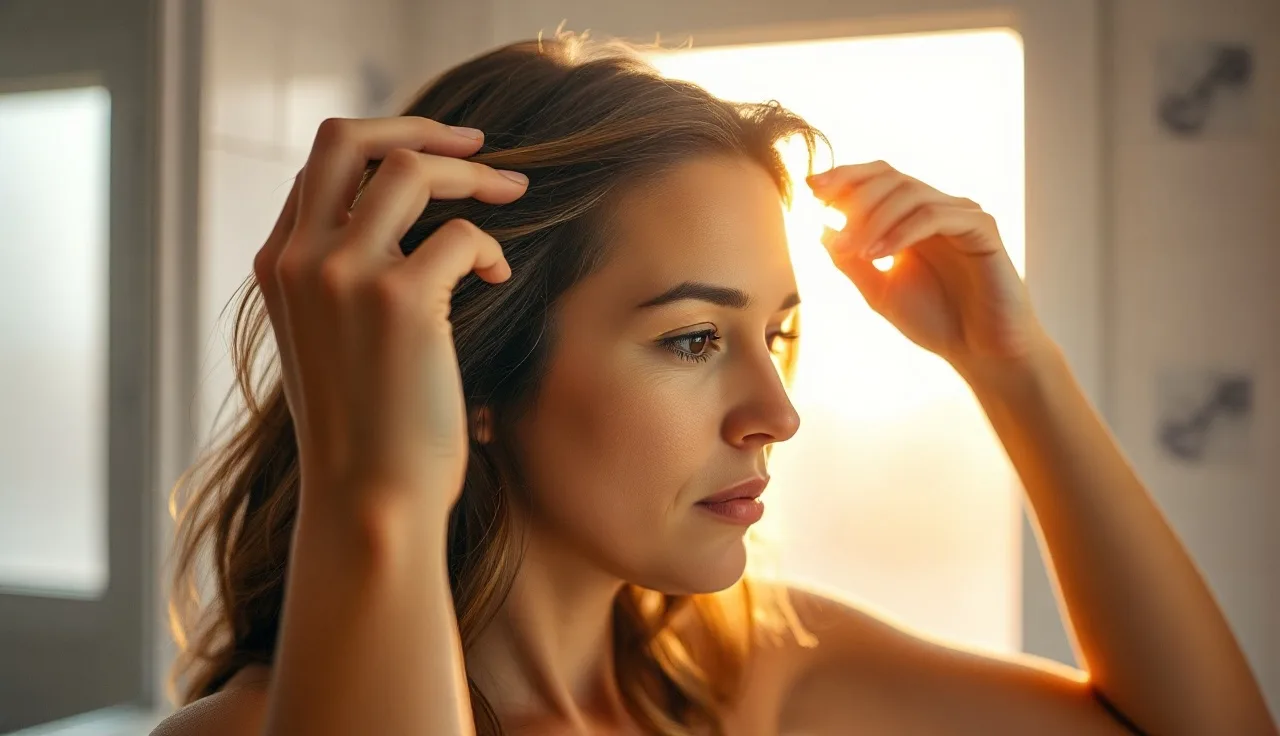 Woman examining hair thinning at crown under warm bathroom light