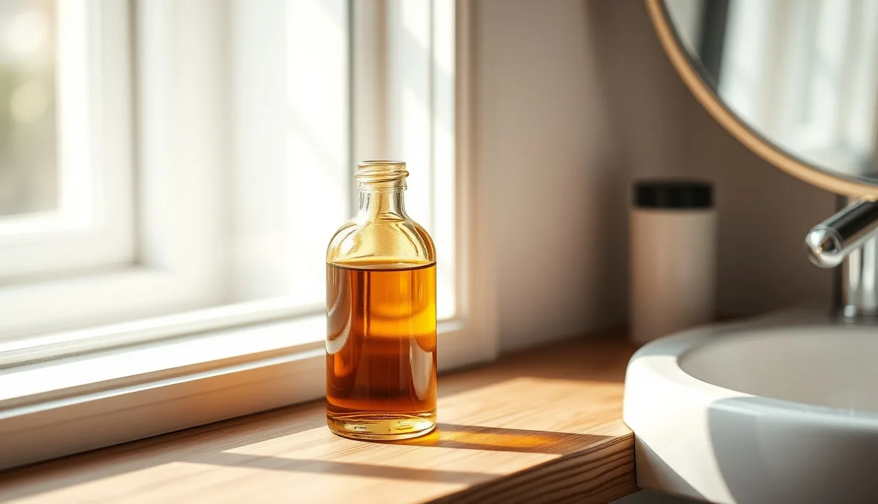 Amber bottle of topical minoxidil solution on a wooden bathroom shelf in morning light