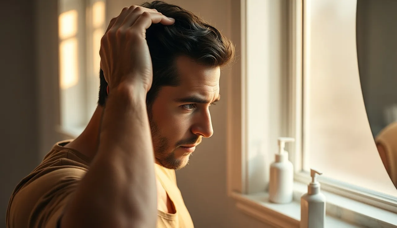 Man parting his hair to apply minoxidil foam to the scalp at home