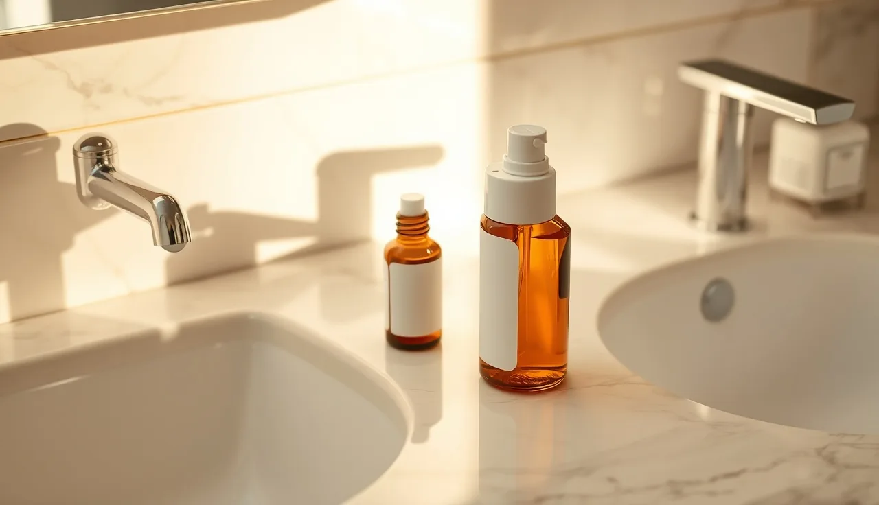 Minoxidil foam canister and liquid bottle on a marble bathroom counter in morning light