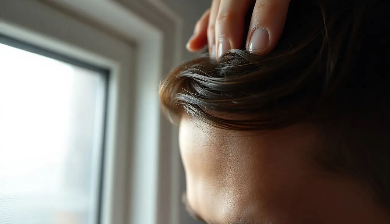 Man parting hair to examine thinning crown in bathroom morning light