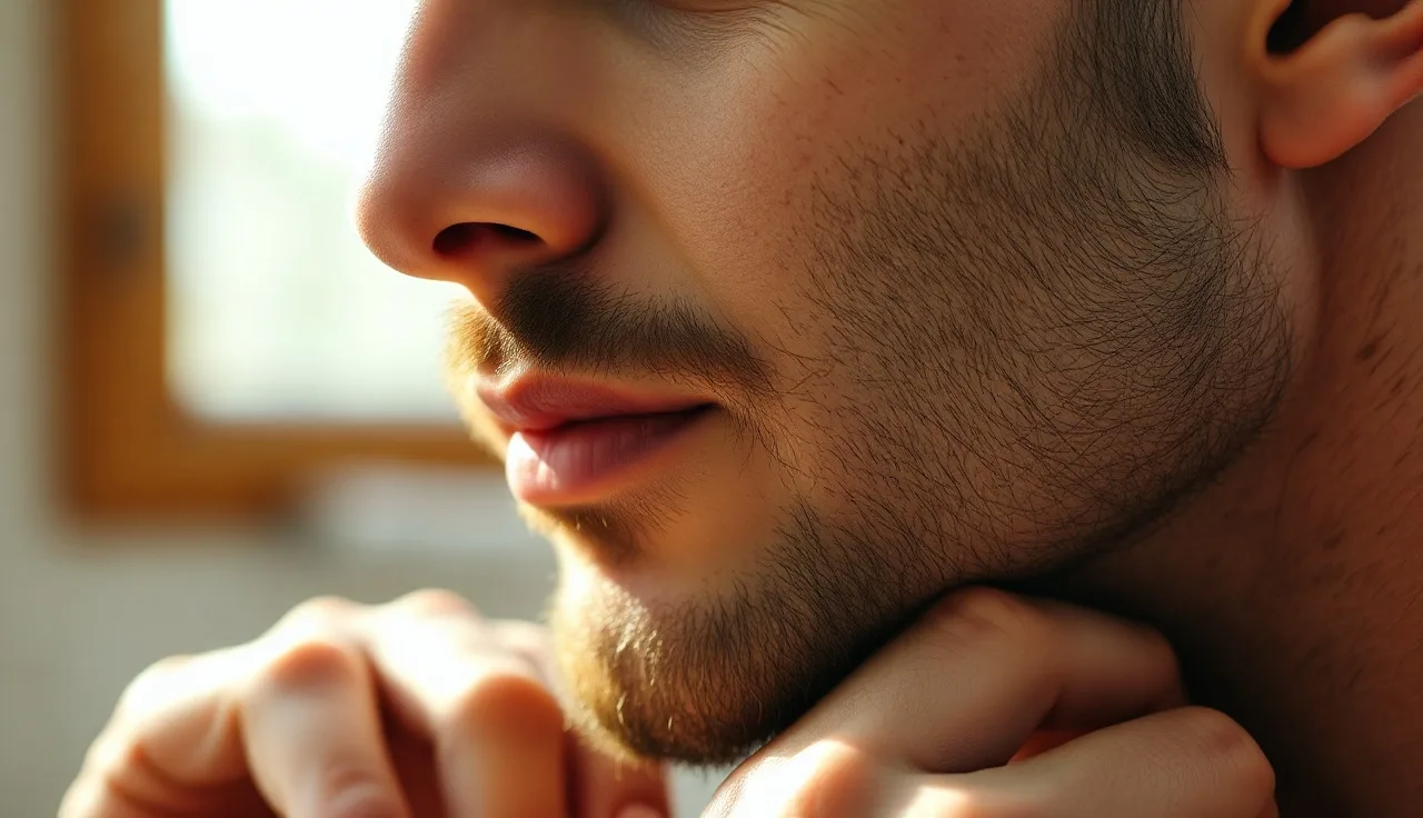 Man examining patchy beard growth on his jawline in bathroom mirror light