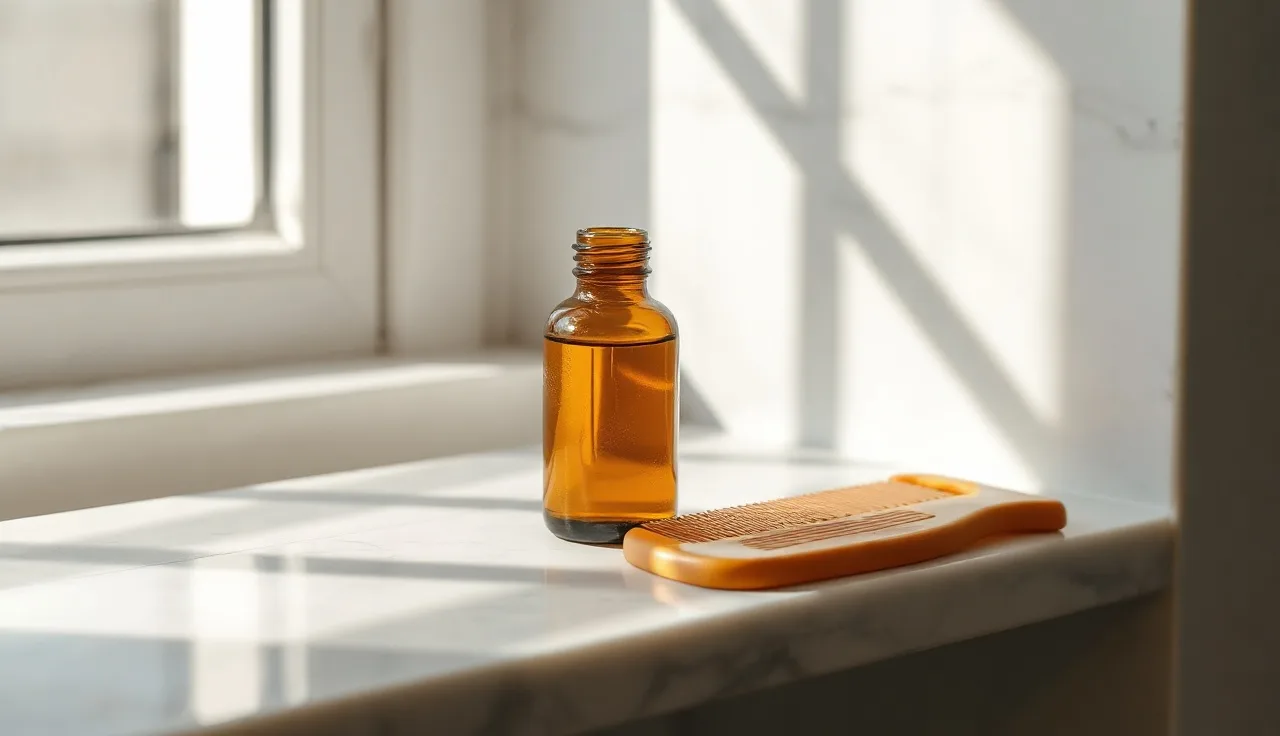Dropper bottle and comb on marble shelf representing minoxidil hair loss treatment