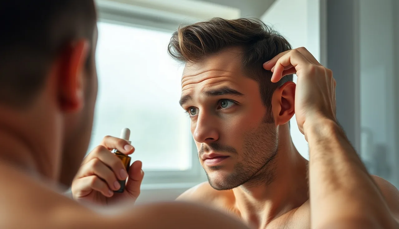 Man examining his thinning hairline in a bathroom mirror with morning light