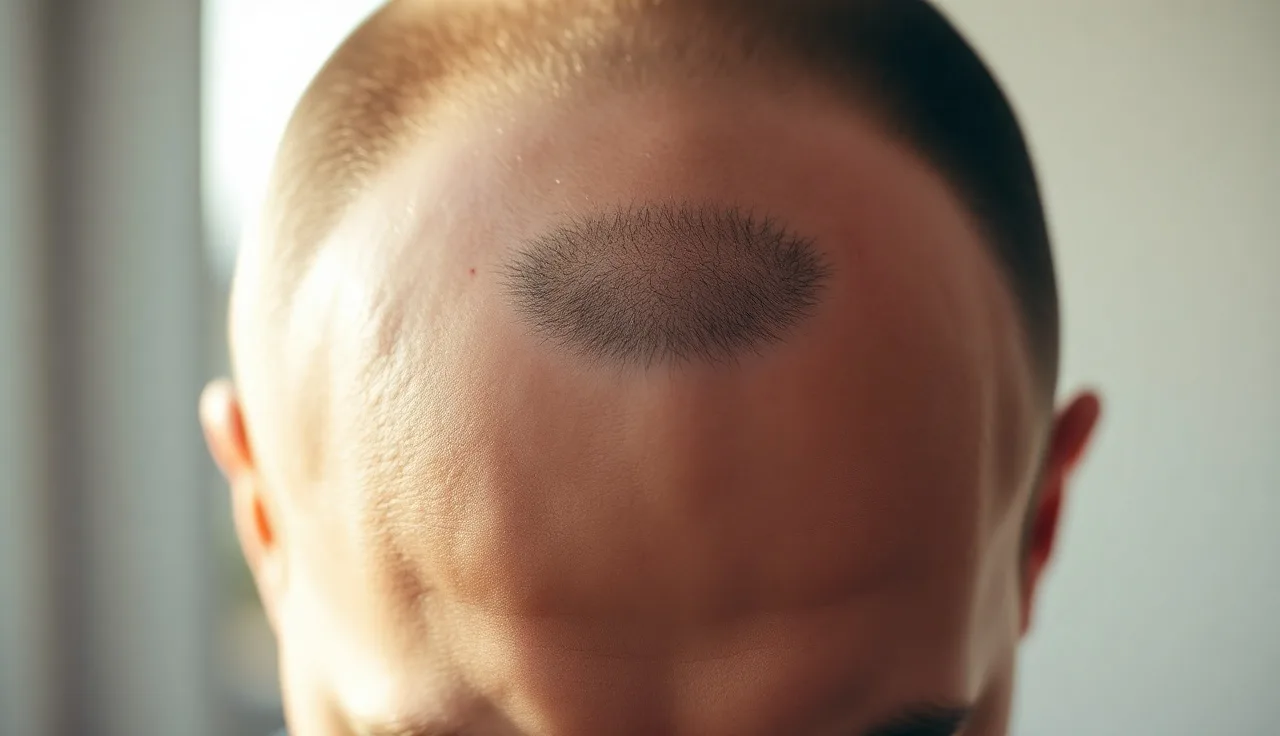 Man's thinning hairline seen in soft morning light showing sparse temple hairs