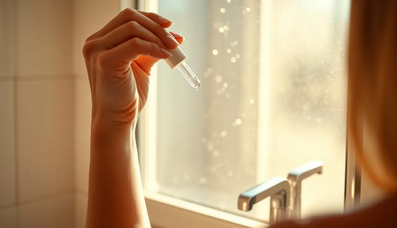 Woman applying minoxidil scalp treatment at bathroom vanity in morning light