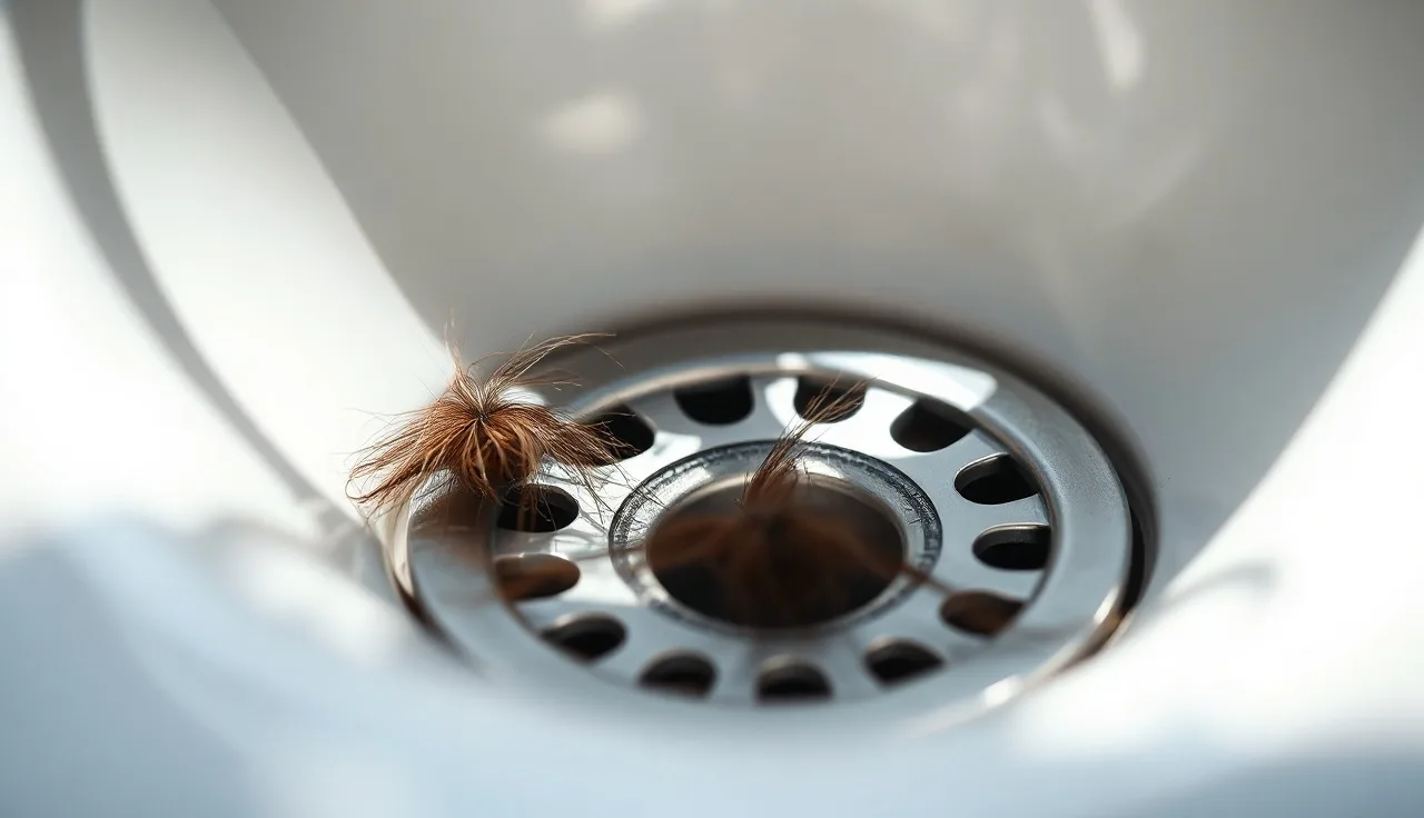Hair strands on a bathroom sink drain illustrating minoxidil hair fall