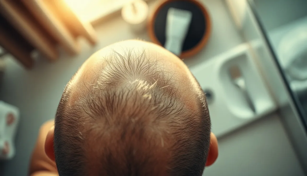 Man's scalp viewed from above near a comb on a bathroom counter