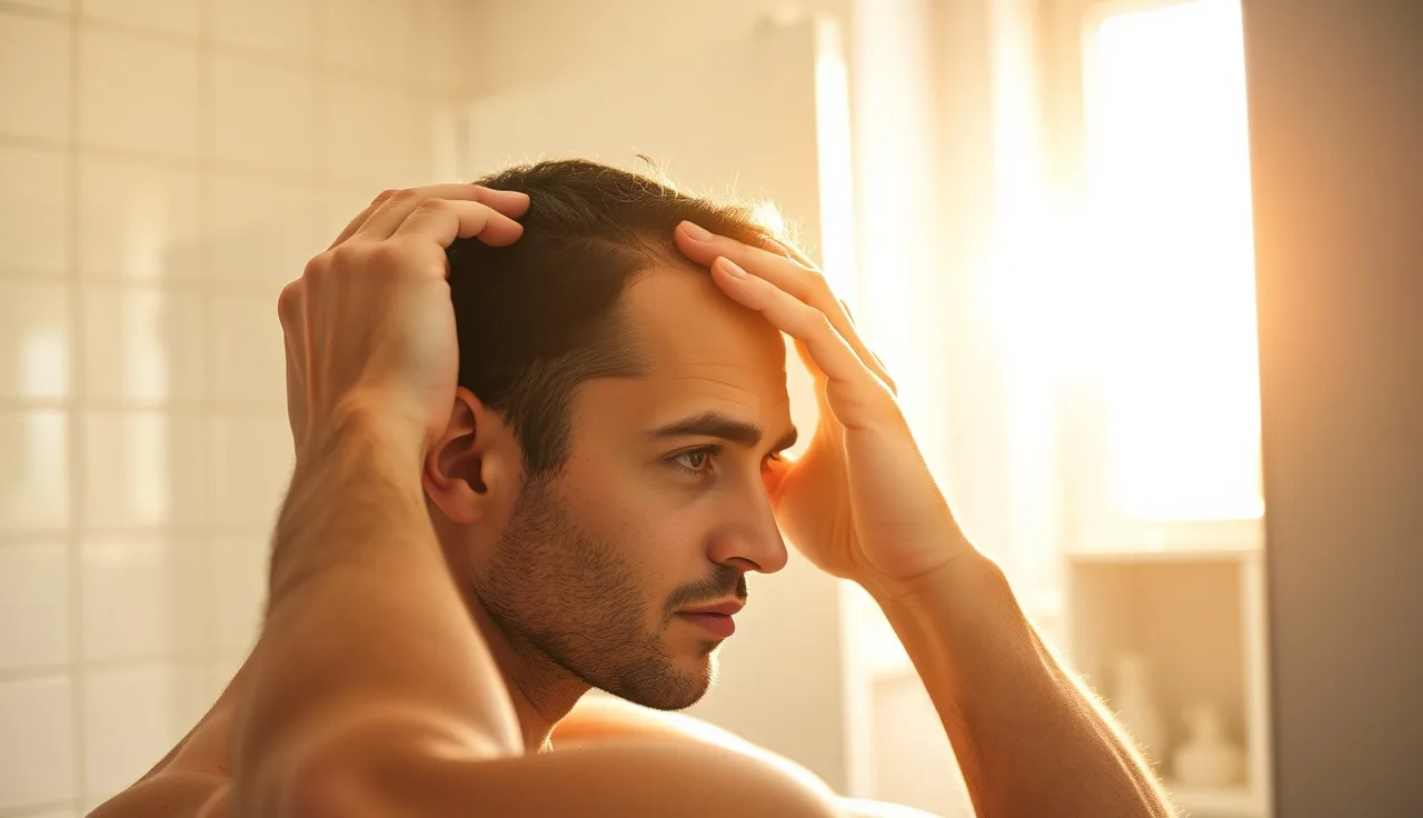 Man examining thinning hair at his temples in a bathroom mirror