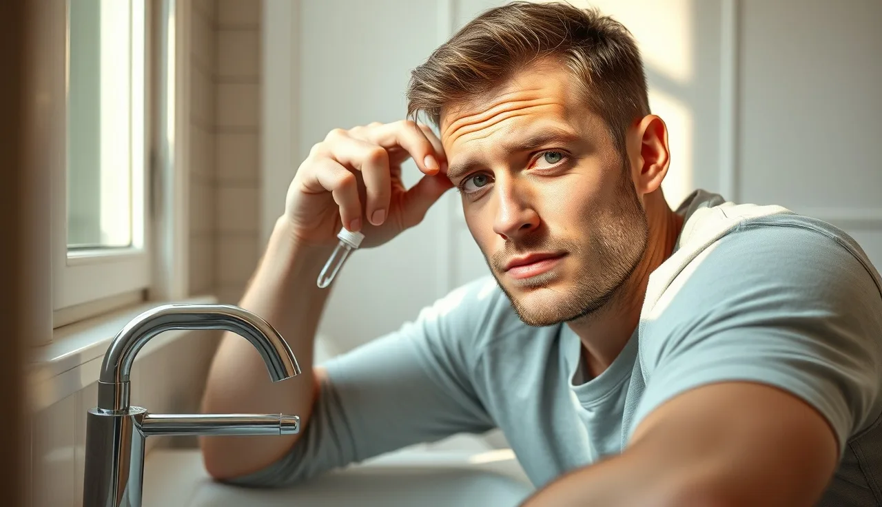 Man applying topical minoxidil at bathroom sink, appearing to have a headache