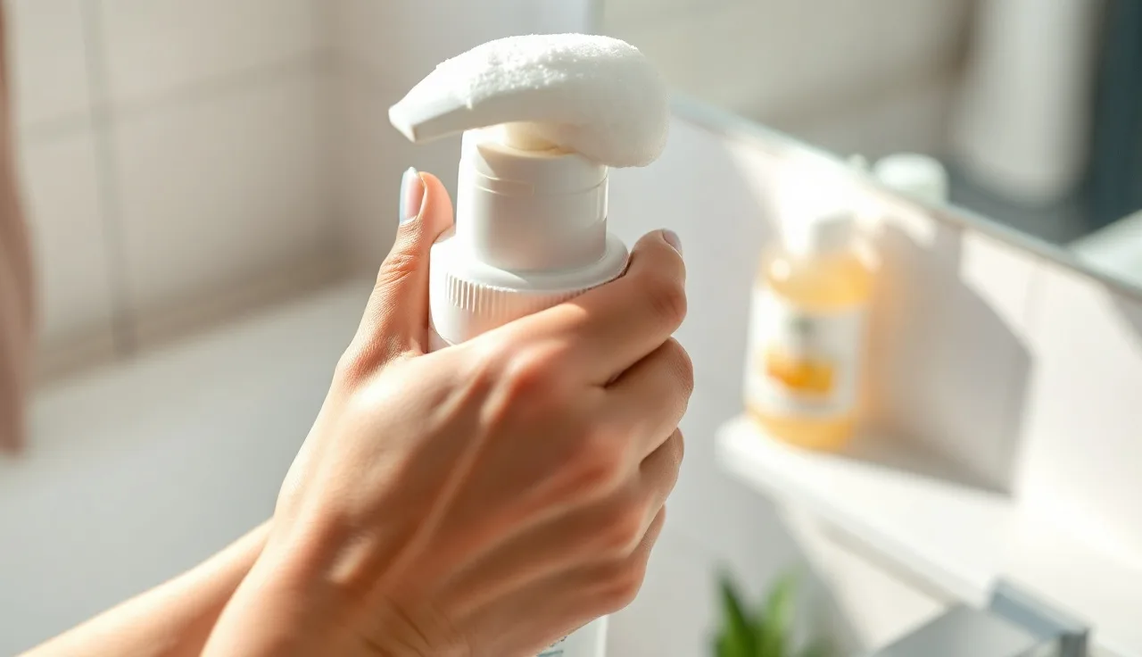 Woman applying minoxidil foam to her scalp part in natural morning light