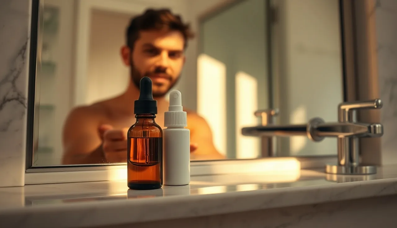 Topical minoxidil solution and foam on a bathroom shelf with morning light