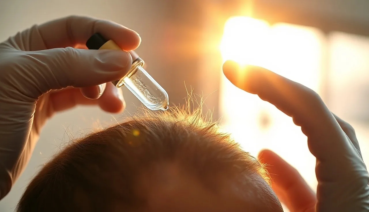 Topical minoxidil being applied with a dropper to a thinning scalp