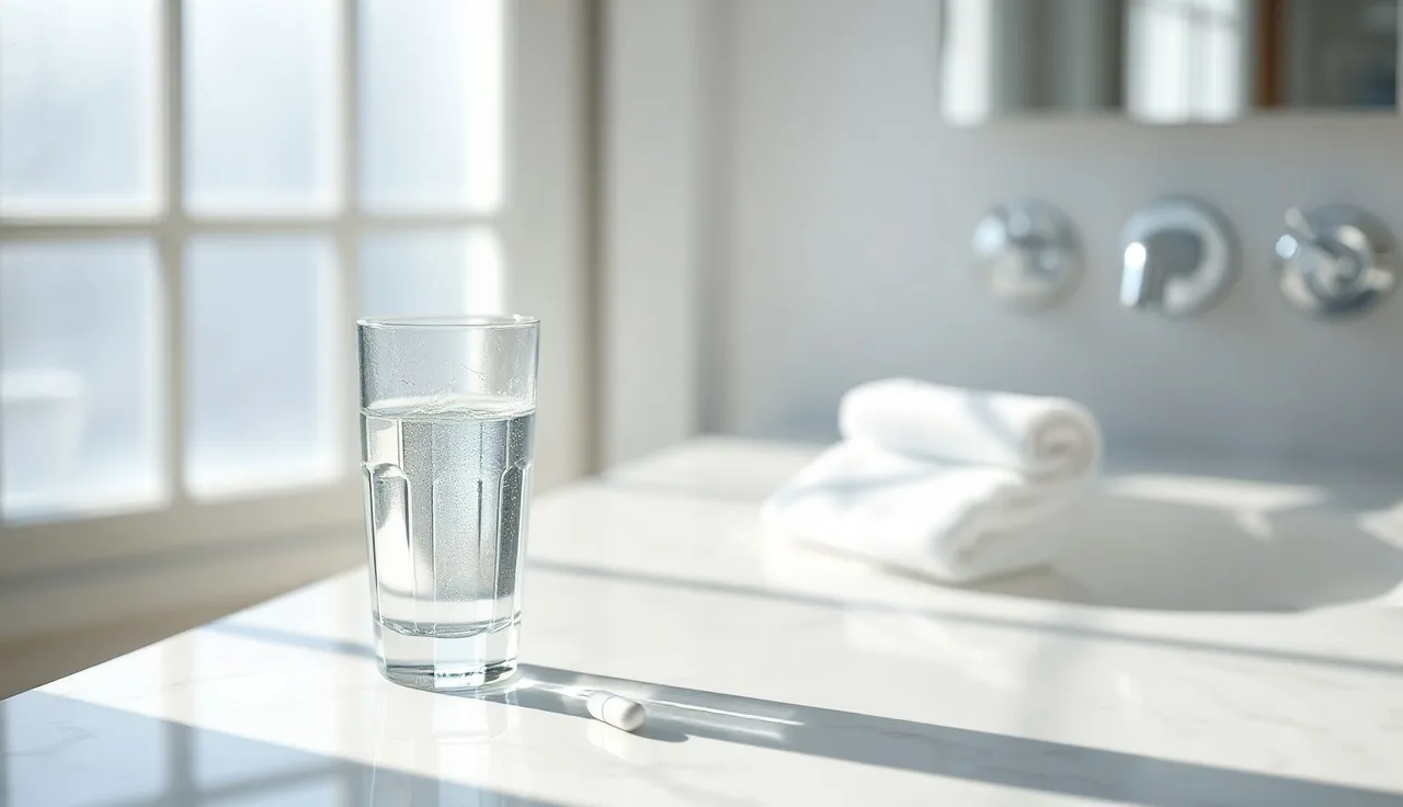 A single pill and glass of water on a marble bathroom counter in morning light