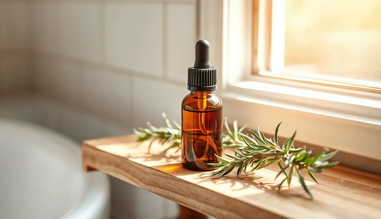 Amber dropper bottle of minoxidil oil beside rosemary sprigs on a wooden shelf