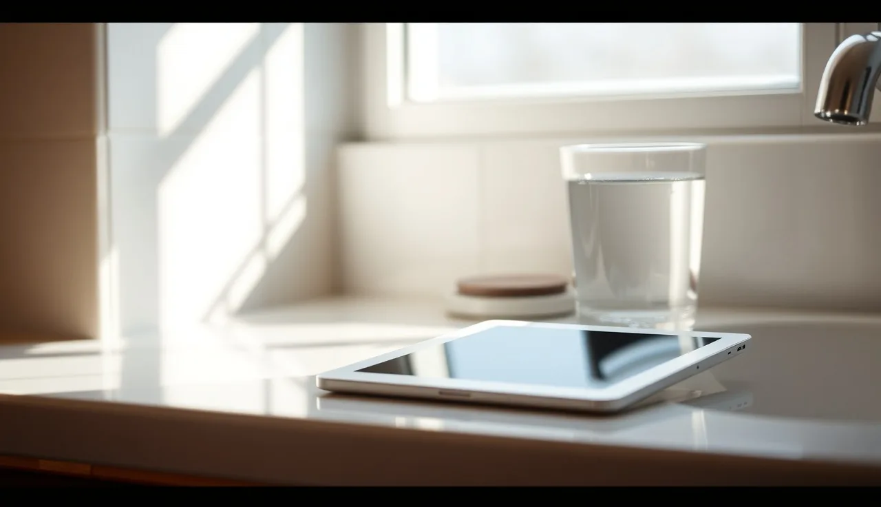 Single small oral minoxidil pill on a bathroom counter next to water glass