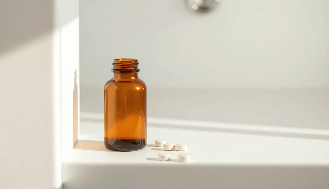Small medicine bottle and white tablets on a bathroom shelf for minoxidil prescription