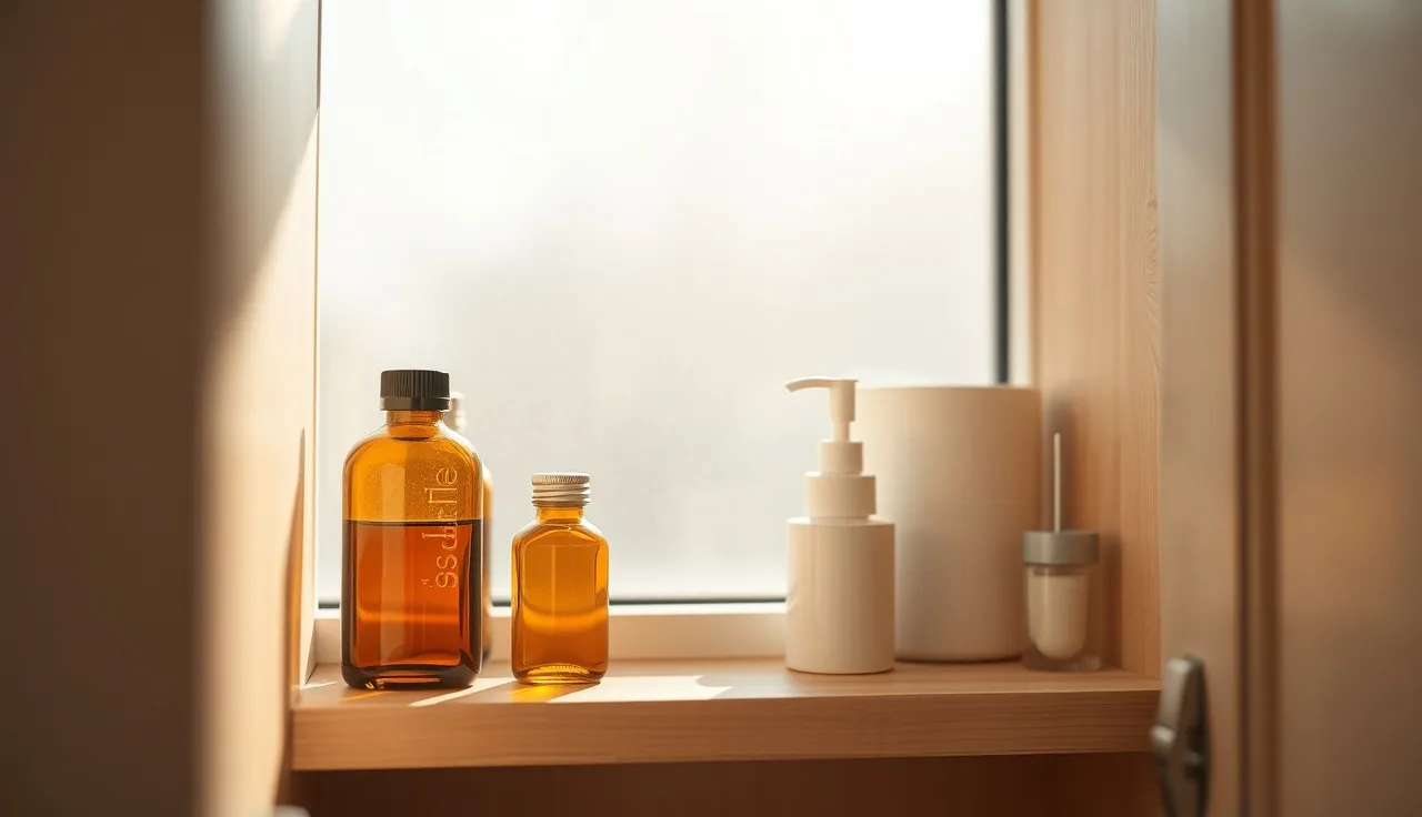 Bathroom shelf with minoxidil bottles and foam canister in morning light