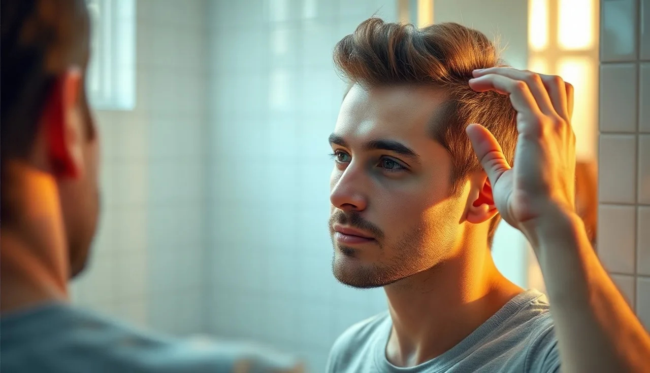Man examining his receding hairline in a bathroom mirror under morning light