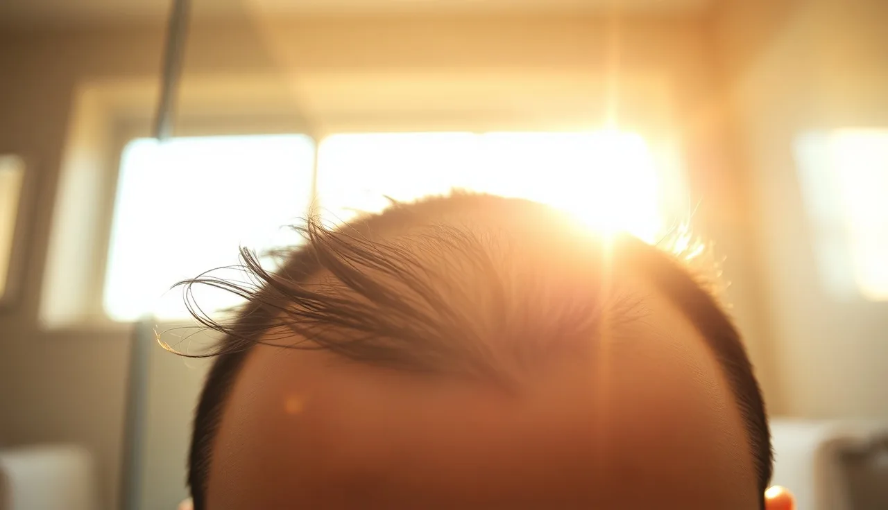 Close-up of a man's scalp showing hair regrowth under natural morning light